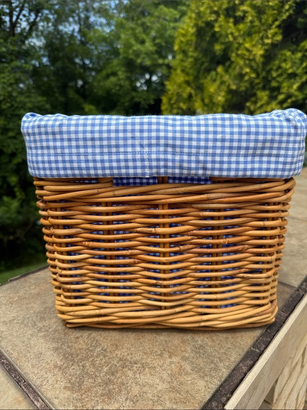 Pottery Barn Kids Woven Rattan Basket with Blue Gingham Liner